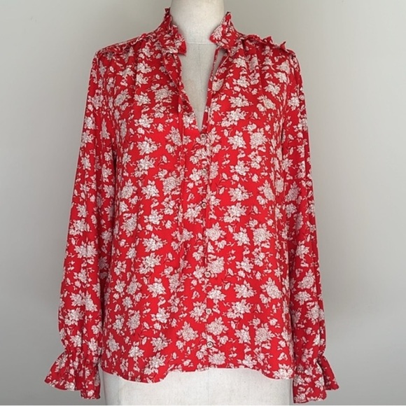 ZARA Floral PEASANT red RUFFLE Luxe Button Down Blouse Tie Top sz Medium - Picture 2 of 7